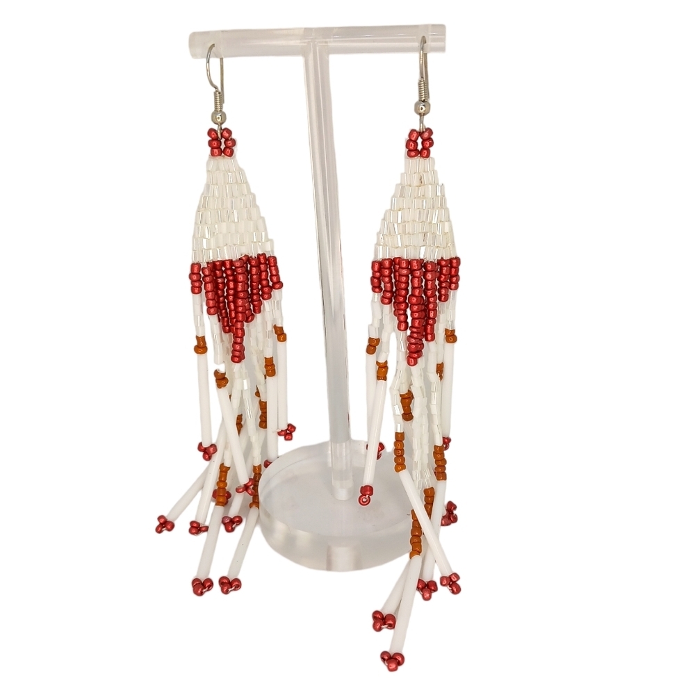 Vintage Womens Beaded Earrings Dangle White 5 1/2 in long Boho Western Red